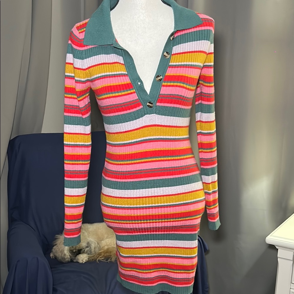 Striped Knit Dress with Button Accents